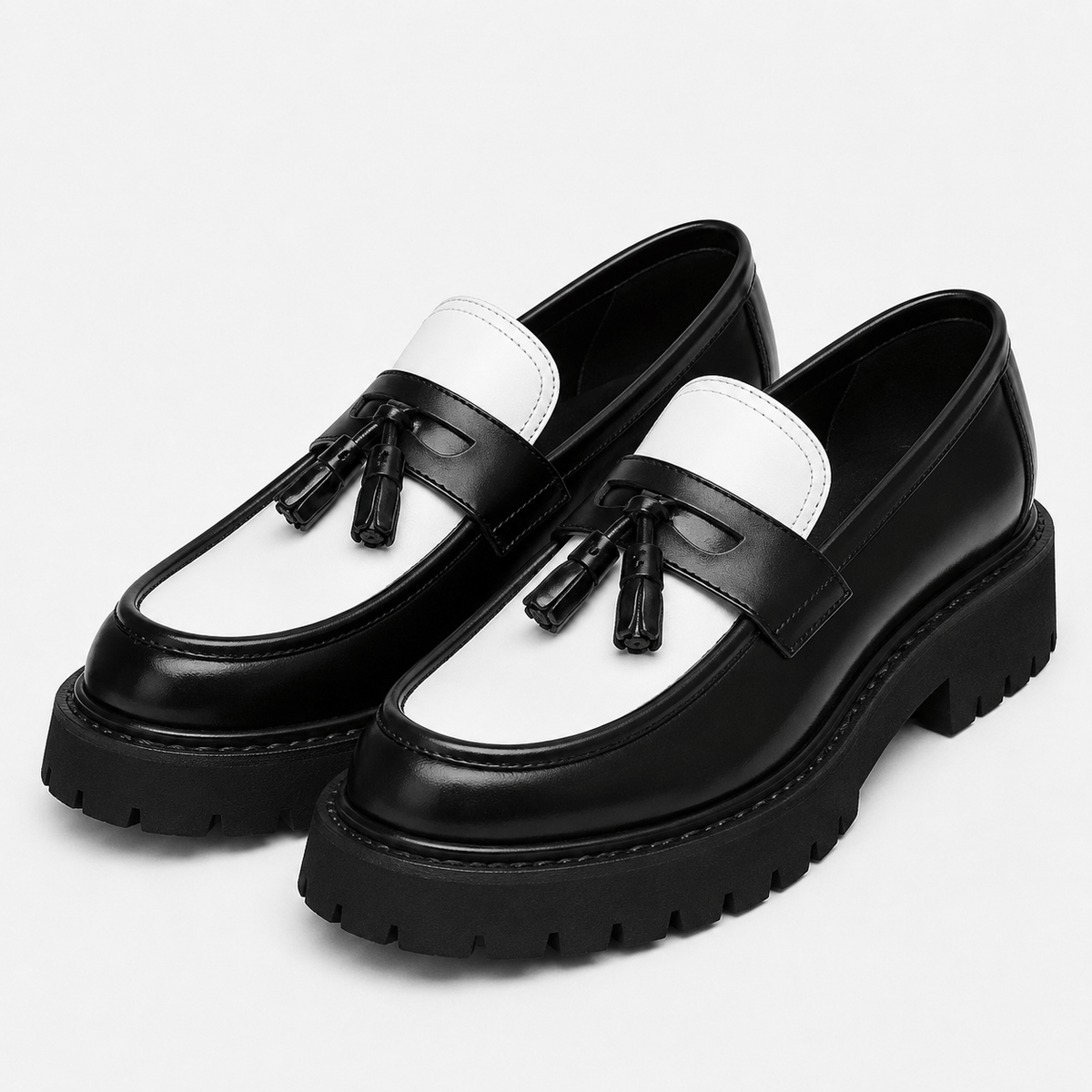 Men's Black and White Leather Tassel Loafers