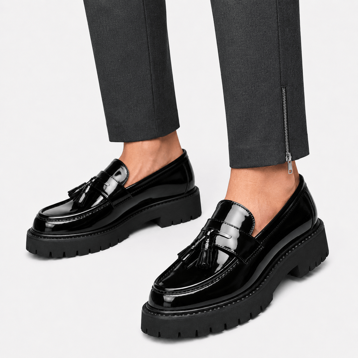 Men's Black and White Leather Tassel Loafers
