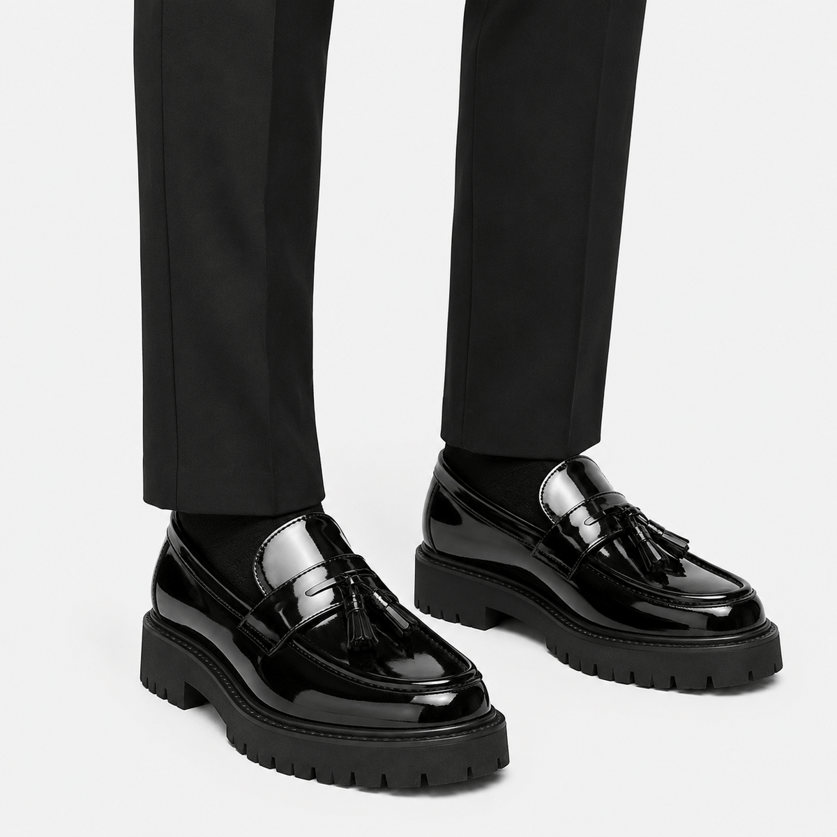 Men's Black and White Leather Tassel Loafers