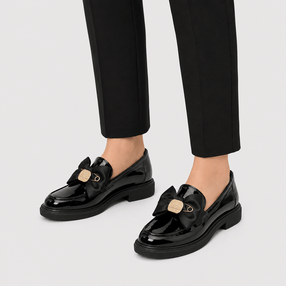 Women's Patent Leather Platform Loafers with Bow