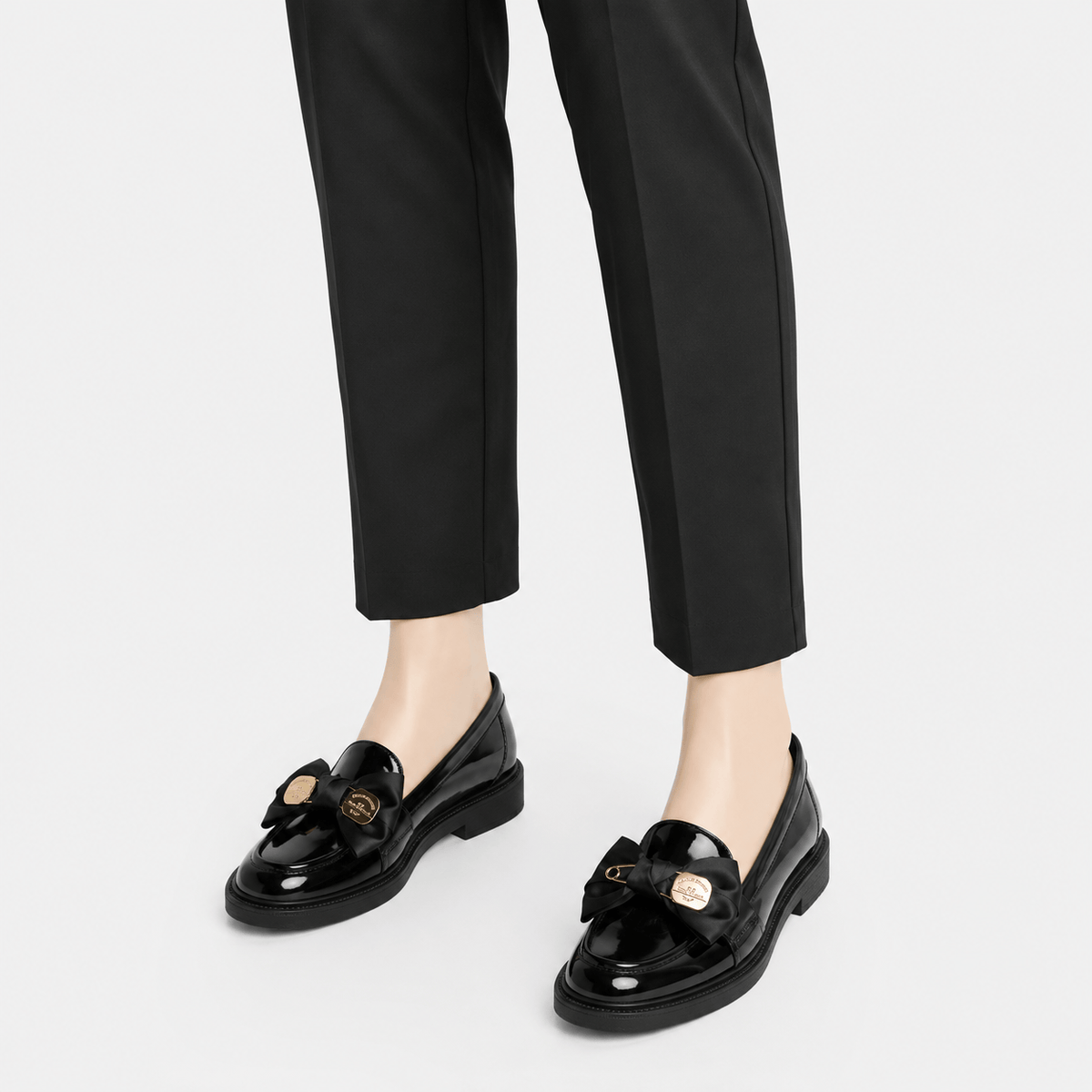 Women's Patent Leather Platform Loafers with Bow