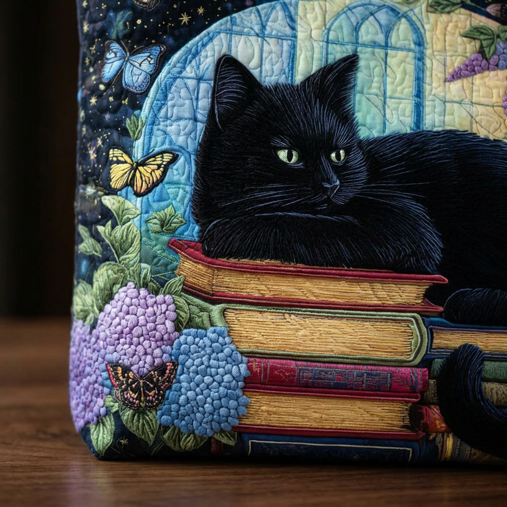 Quilted Tote Bag with Black Cat and Books Print