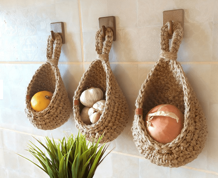 Hanging jute basket for kitchen storage