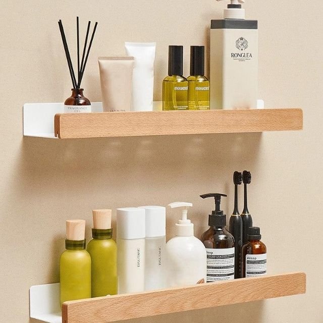 Rustic Solid Wood Corner Bathroom Shelf with Strong Adhesive Backing