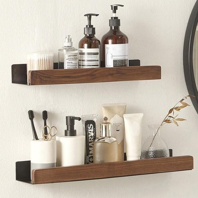 Rustic Solid Wood Corner Bathroom Shelf with Strong Adhesive Backing
