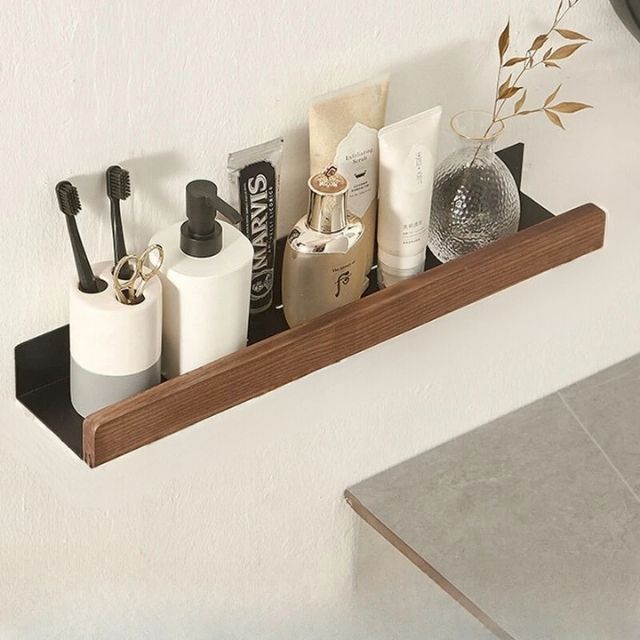 Rustic Solid Wood Corner Bathroom Shelf with Strong Adhesive Backing