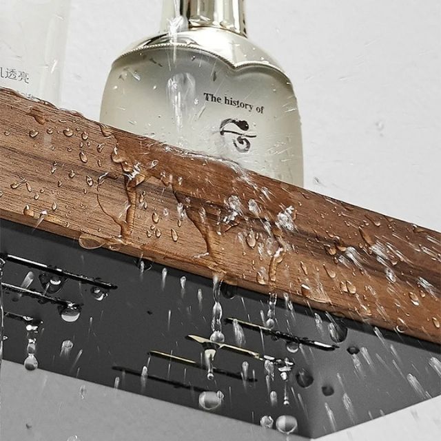 Rustic Solid Wood Corner Bathroom Shelf with Strong Adhesive Backing
