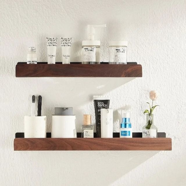 Rustic Solid Wood Corner Bathroom Shelf with Strong Adhesive Backing