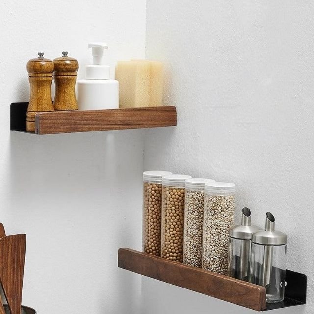 Rustic Solid Wood Corner Bathroom Shelf with Strong Adhesive Backing