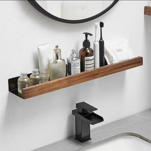 Rustic Solid Wood Corner Bathroom Shelf with Strong Adhesive Backing