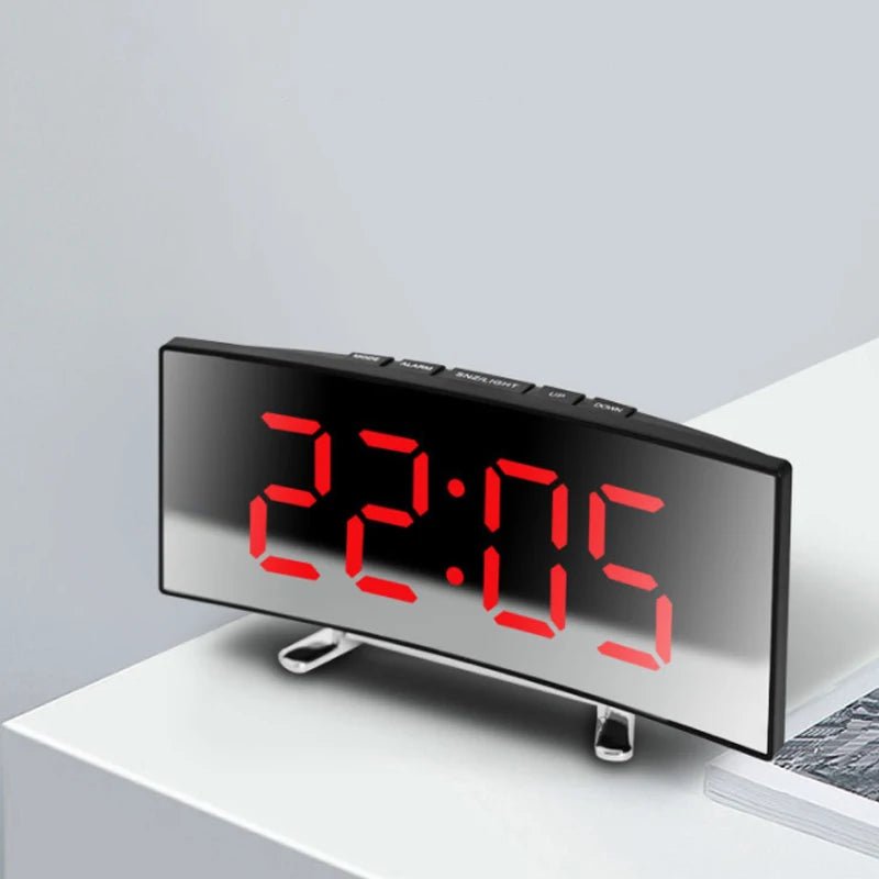 Curved LED Mirror Alarm Clock for Modern Spaces
