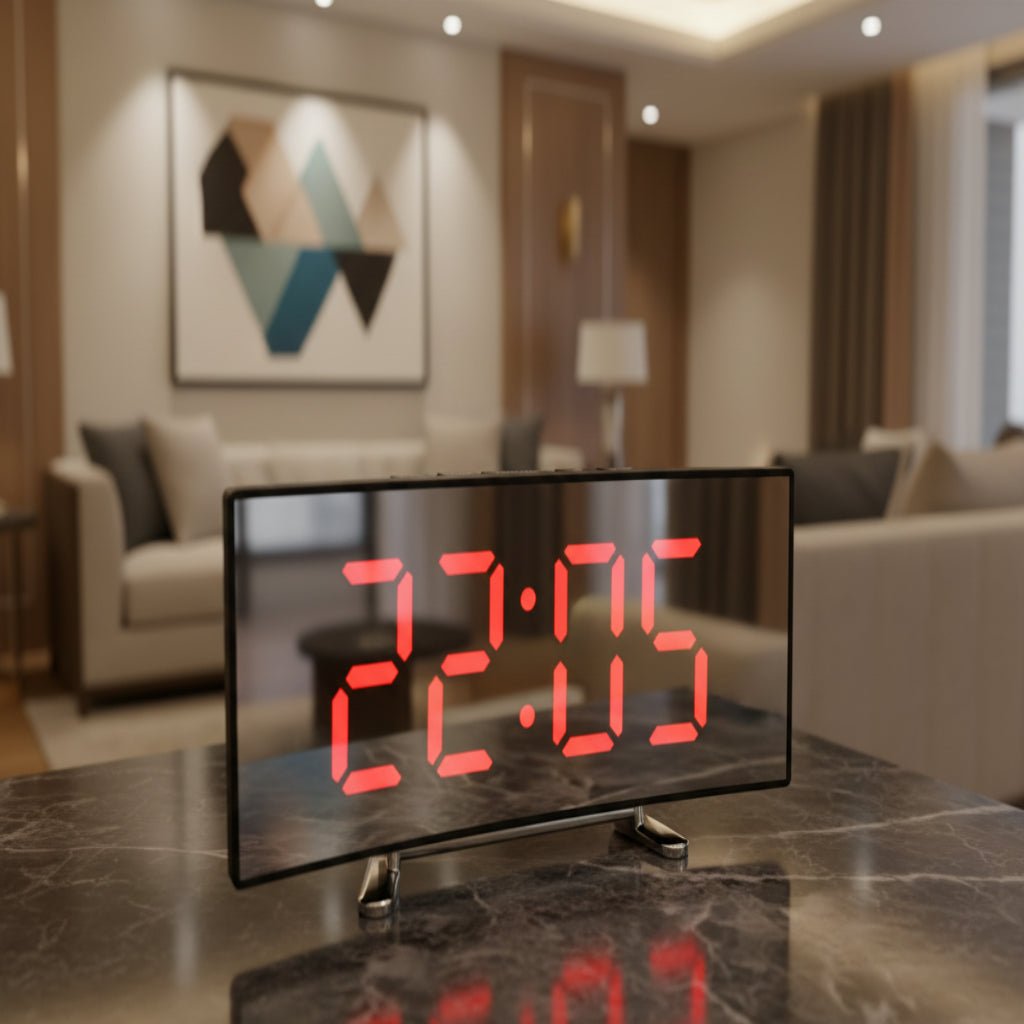 Curved LED Mirror Alarm Clock for Modern Spaces