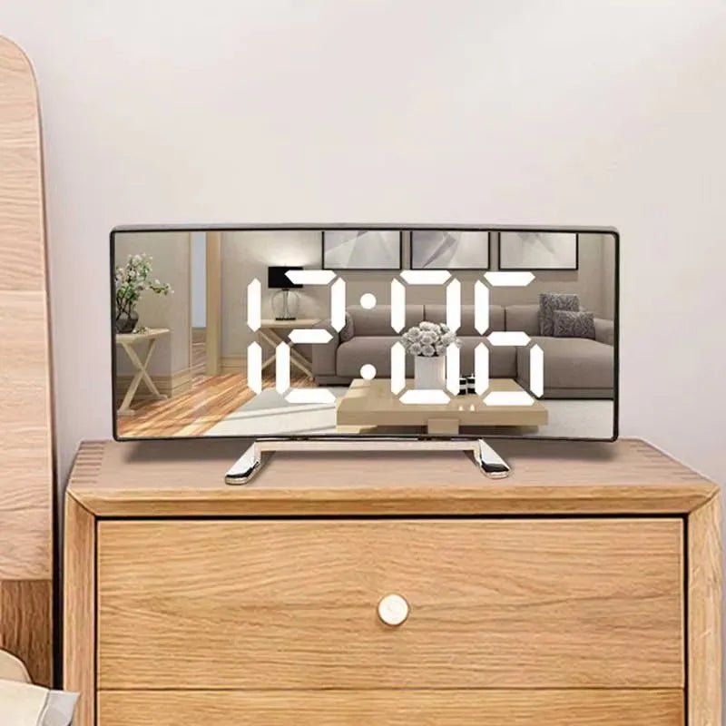 Curved LED Mirror Alarm Clock for Modern Spaces