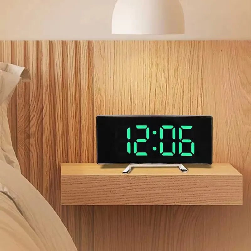 Curved LED Mirror Alarm Clock for Modern Spaces