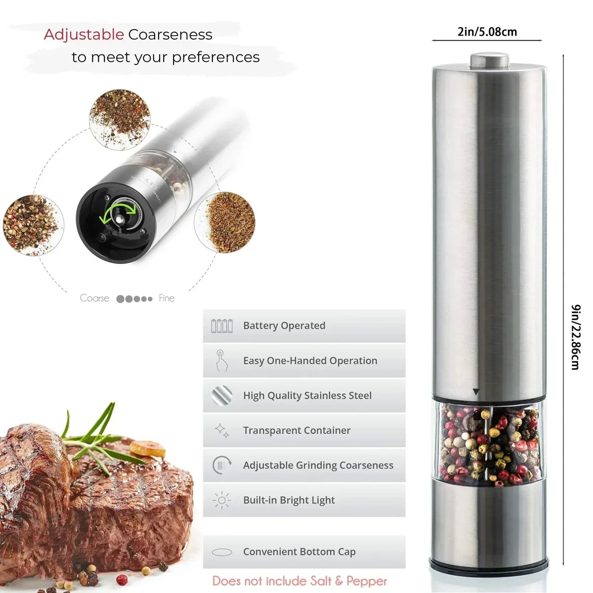 Electric Salt and Pepper Grinder Set with One-Handed Operation and Built-In Light