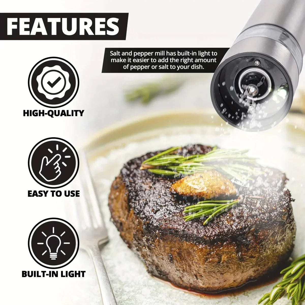 Electric Salt and Pepper Grinder Set with One-Handed Operation and Built-In Light