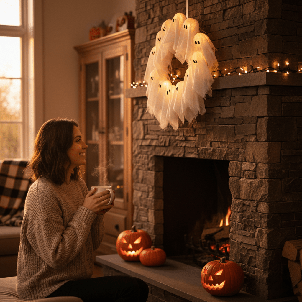 LED Ghost Wreath with 12 Illuminated Spirits