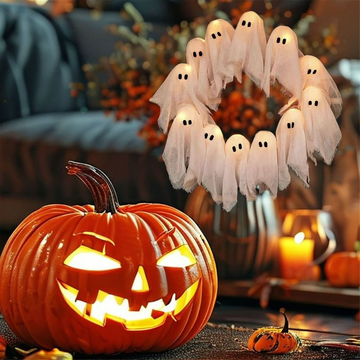 LED Ghost Wreath with 12 Illuminated Spirits