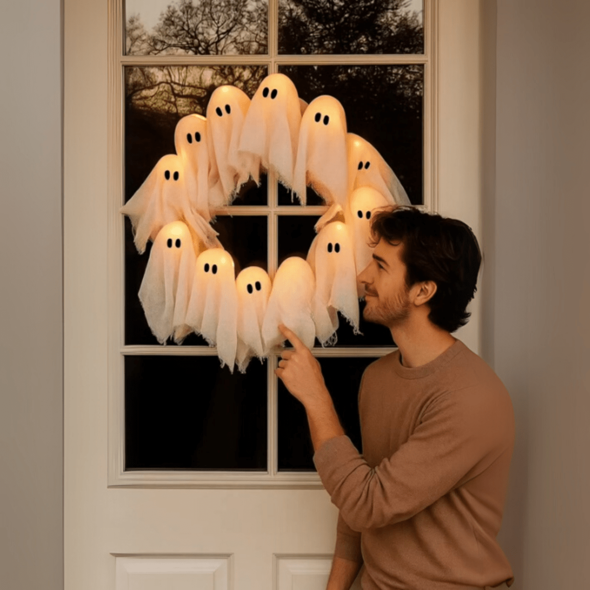 LED Ghost Wreath with 12 Illuminated Spirits