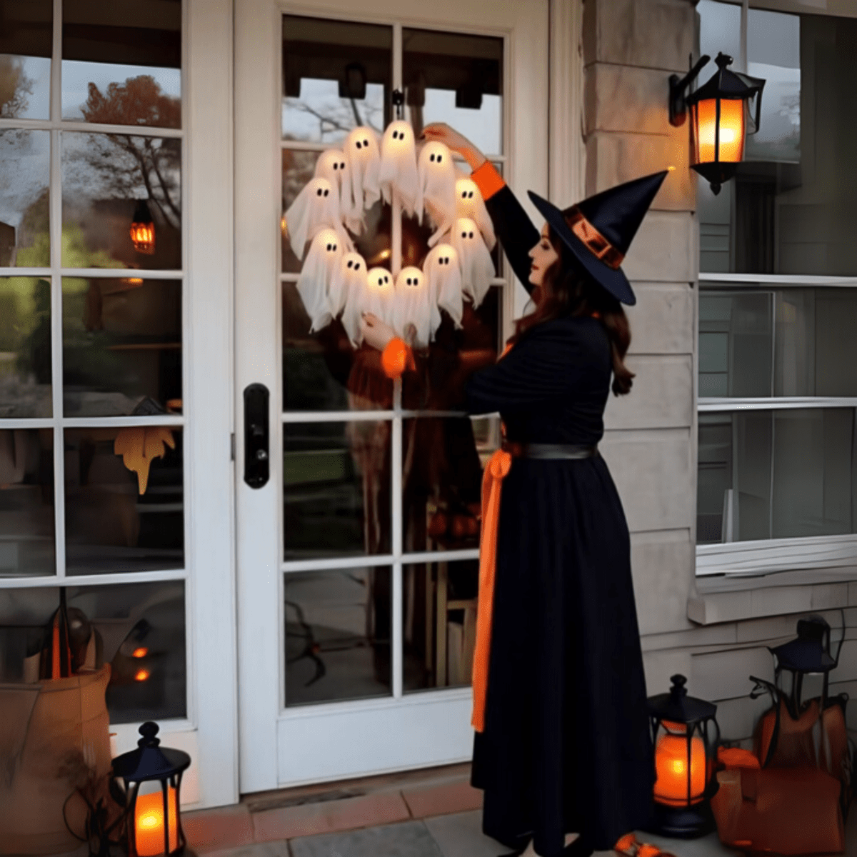 LED Ghost Wreath with 12 Illuminated Spirits