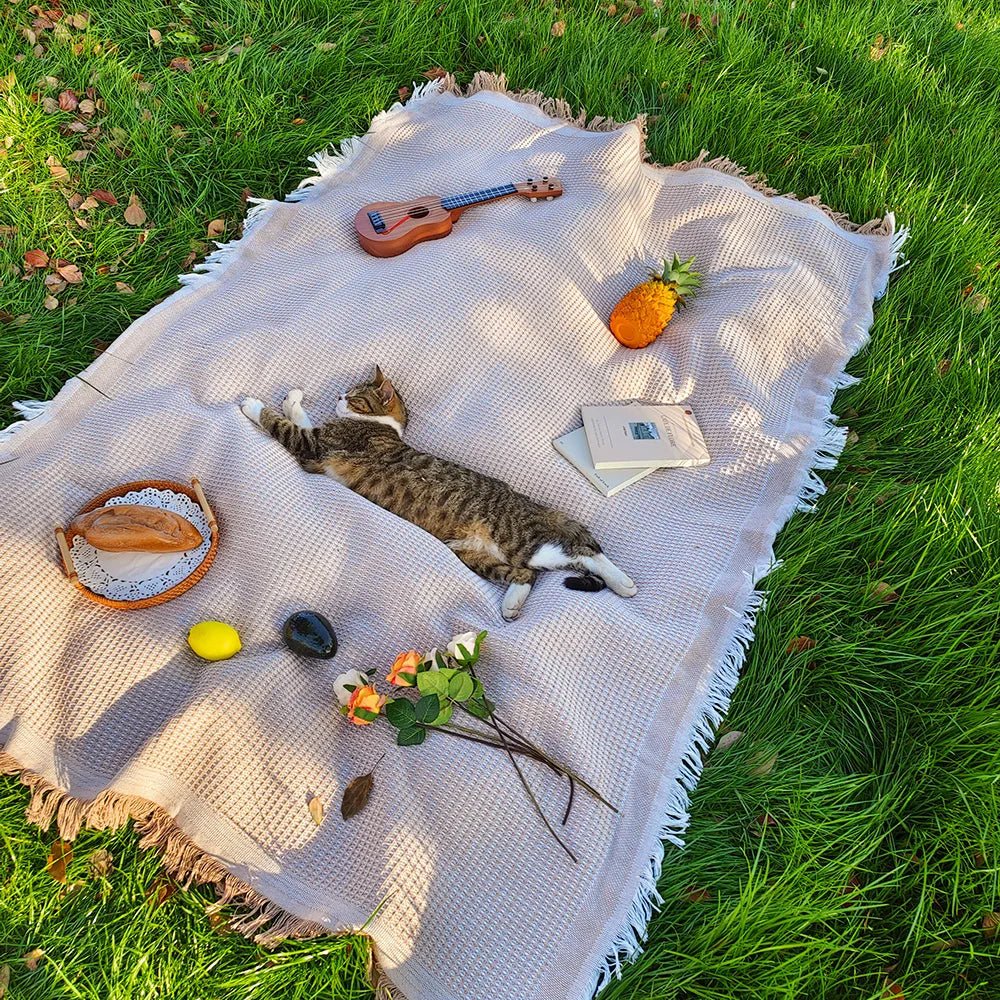 Cotton Blend Picnic Mat with Decorative Tassels for Picnics & Parks