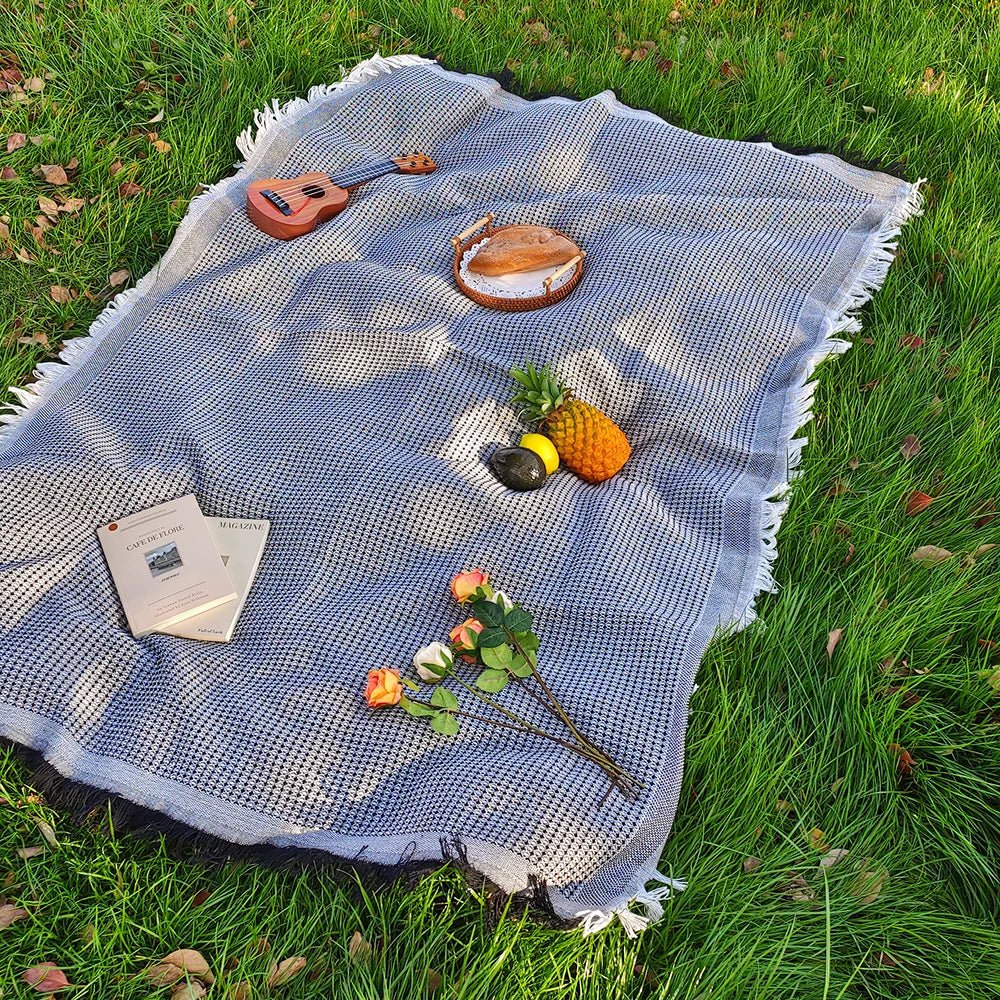 Cotton Blend Picnic Mat with Decorative Tassels for Picnics & Parks