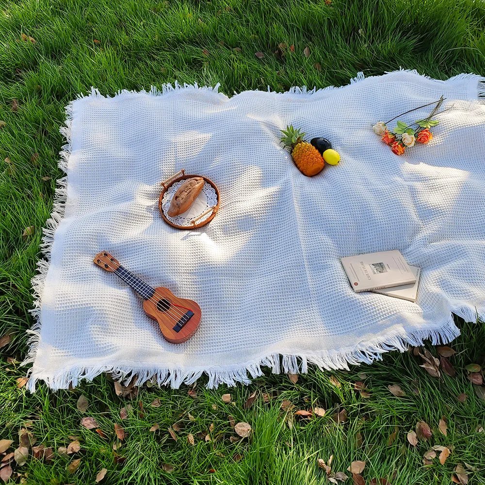 Cotton Blend Picnic Mat with Decorative Tassels for Picnics & Parks