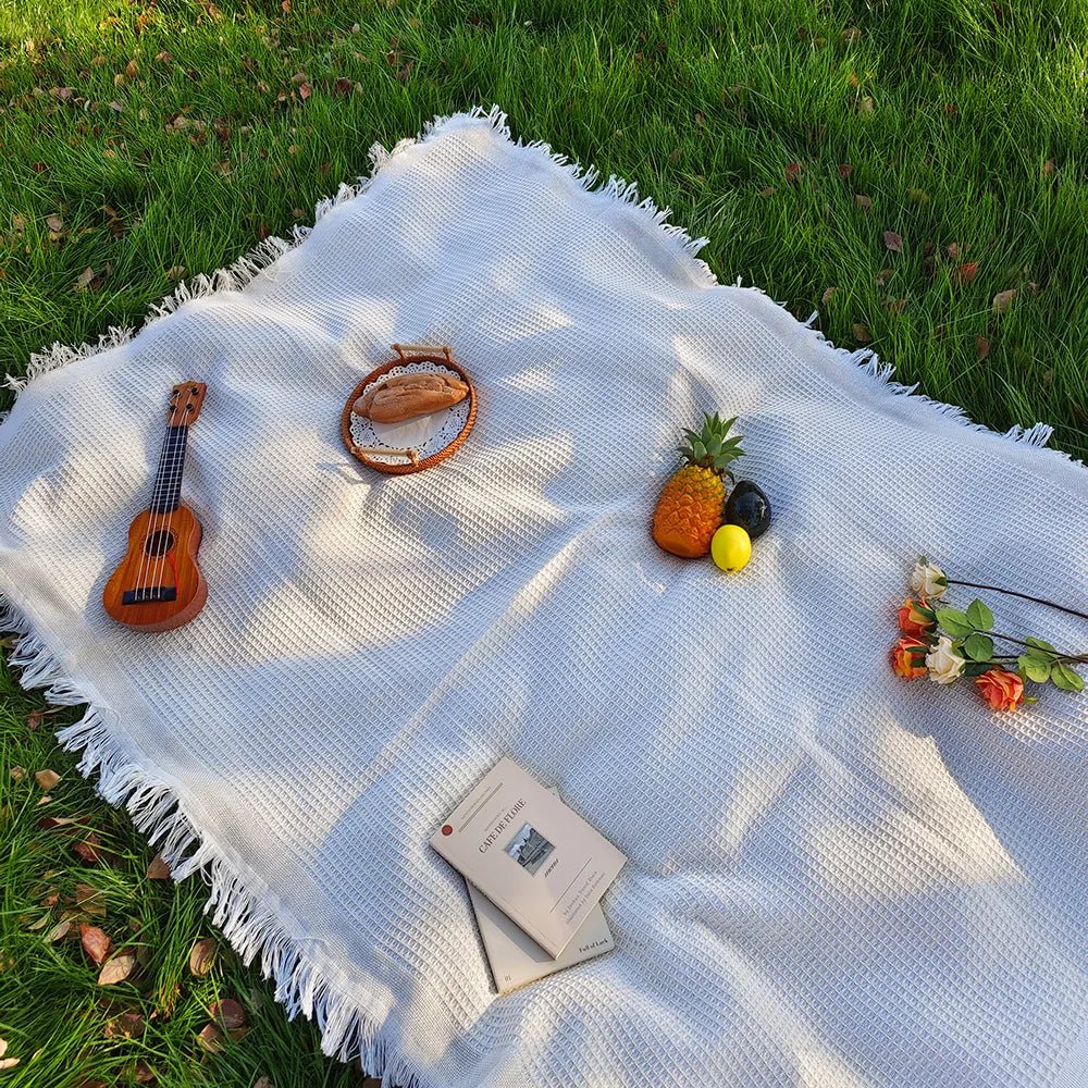 Cotton Blend Picnic Mat with Decorative Tassels for Picnics & Parks