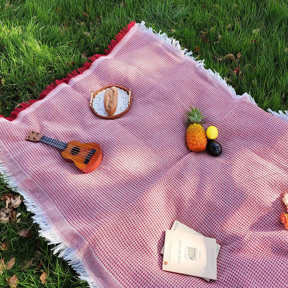 Cotton Blend Picnic Mat with Decorative Tassels for Picnics & Parks