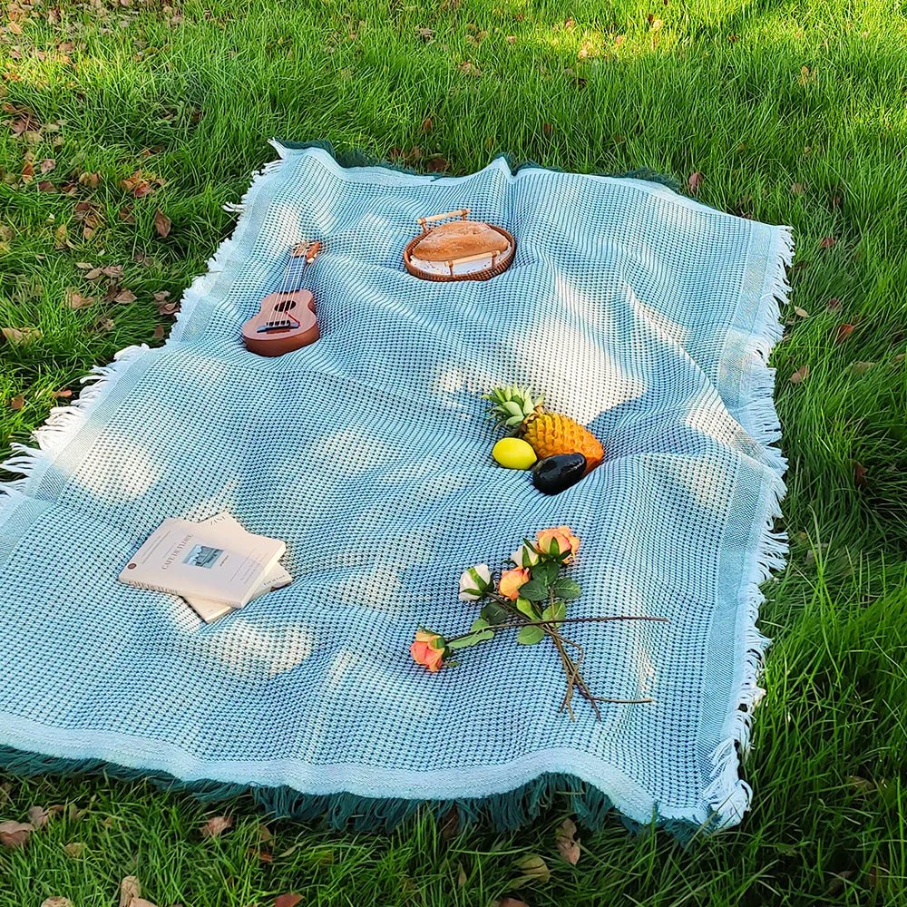 Cotton Blend Picnic Mat with Decorative Tassels for Picnics & Parks