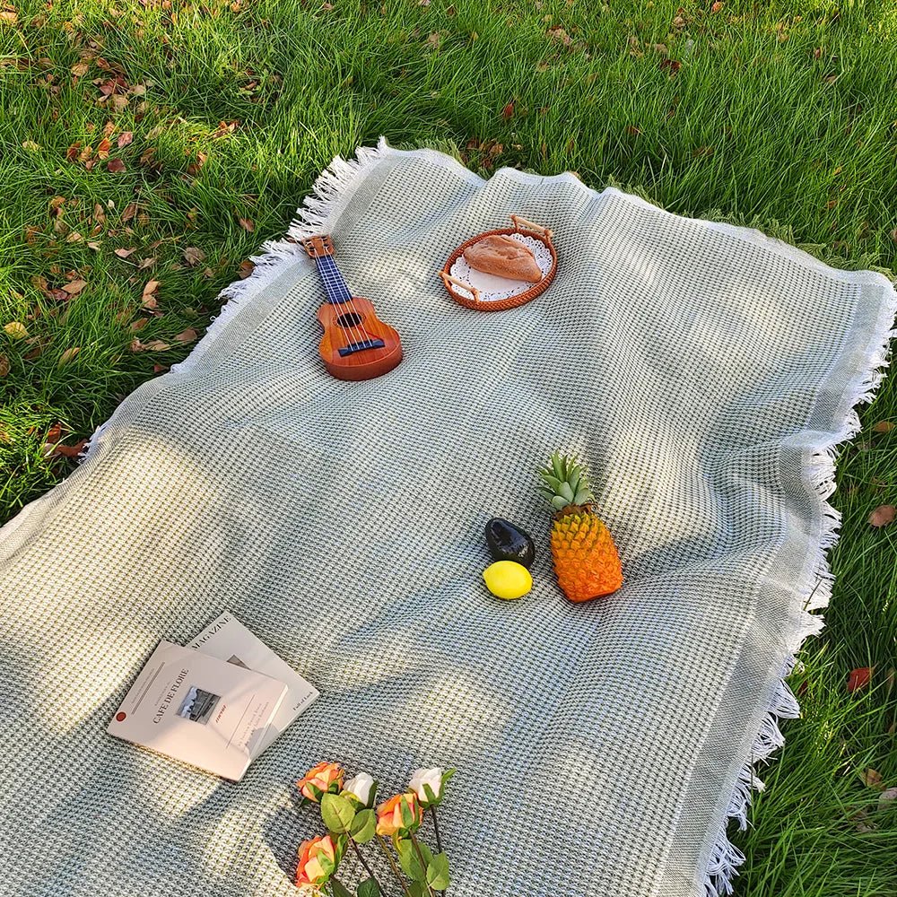 Cotton Blend Picnic Mat with Decorative Tassels for Picnics & Parks