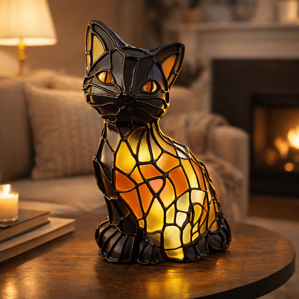 Artistic Tiffany-Style Cat Table Lamp with Warm Amber Glow