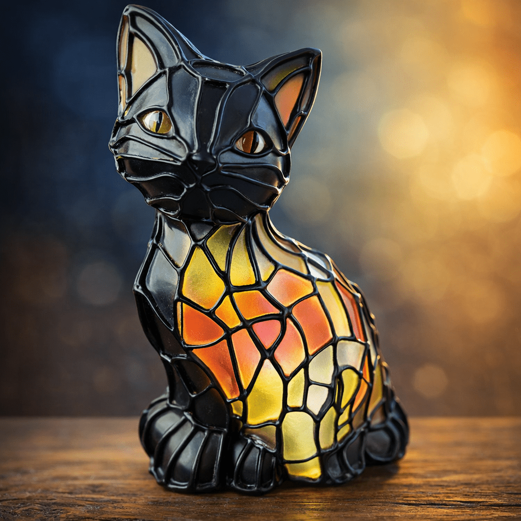 Artistic Tiffany-Style Cat Table Lamp with Warm Amber Glow