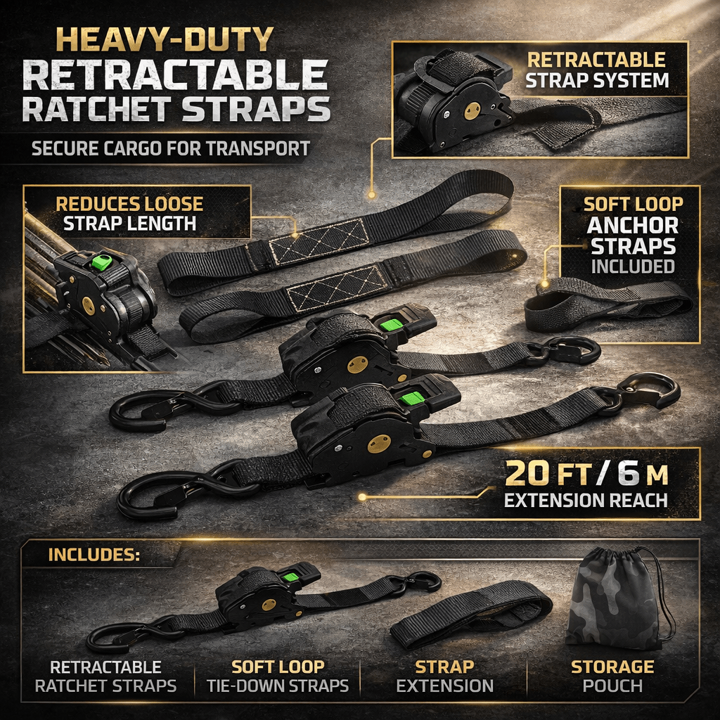 Heavy Duty Retractable Ratchet Straps for Cargo Security