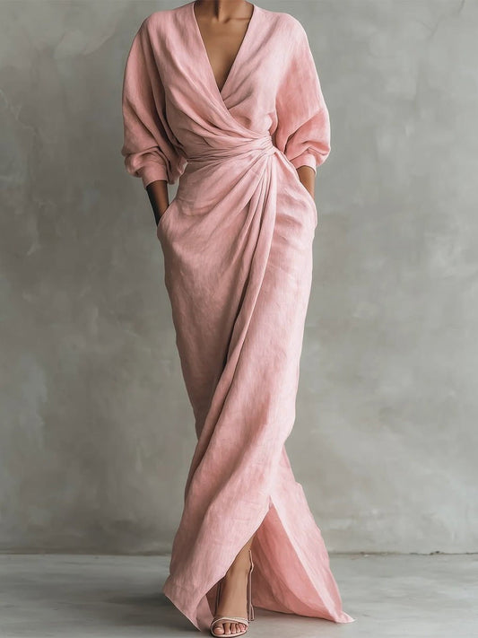 Women's V-Neck Draped Wrap Wedding Guest Maxi Dress
