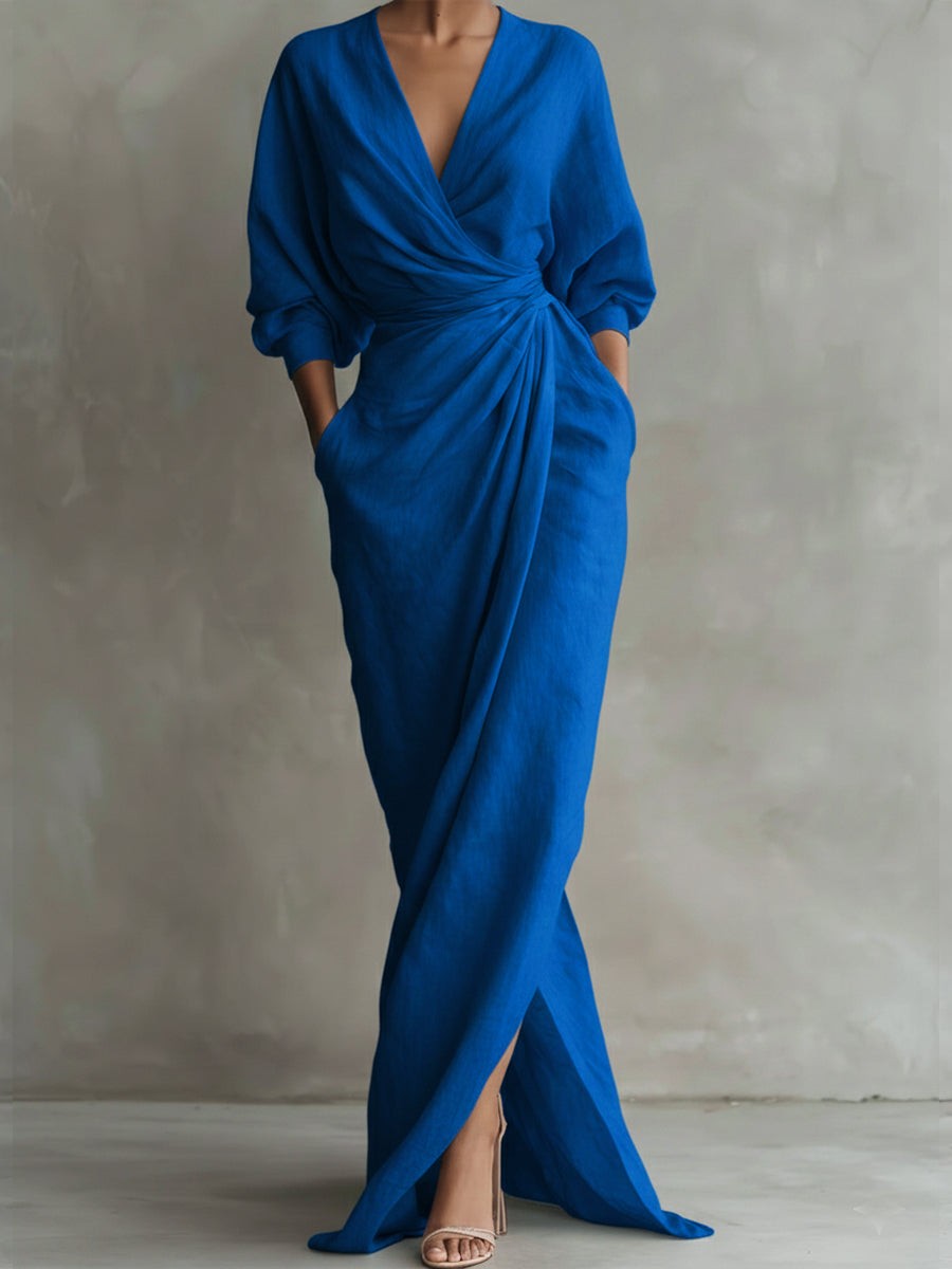 Women's V-Neck Draped Wrap Wedding Guest Maxi Dress
