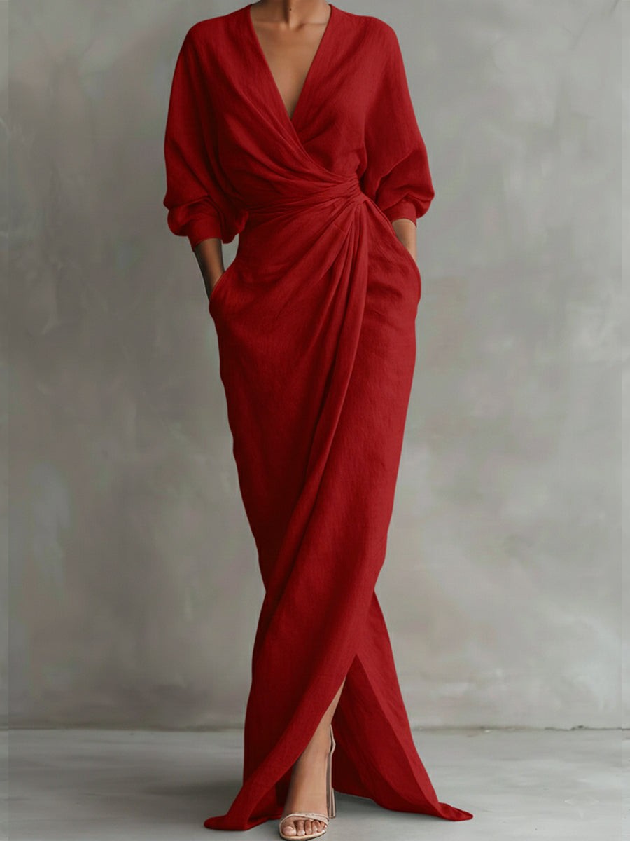Women's V-Neck Draped Wrap Wedding Guest Maxi Dress