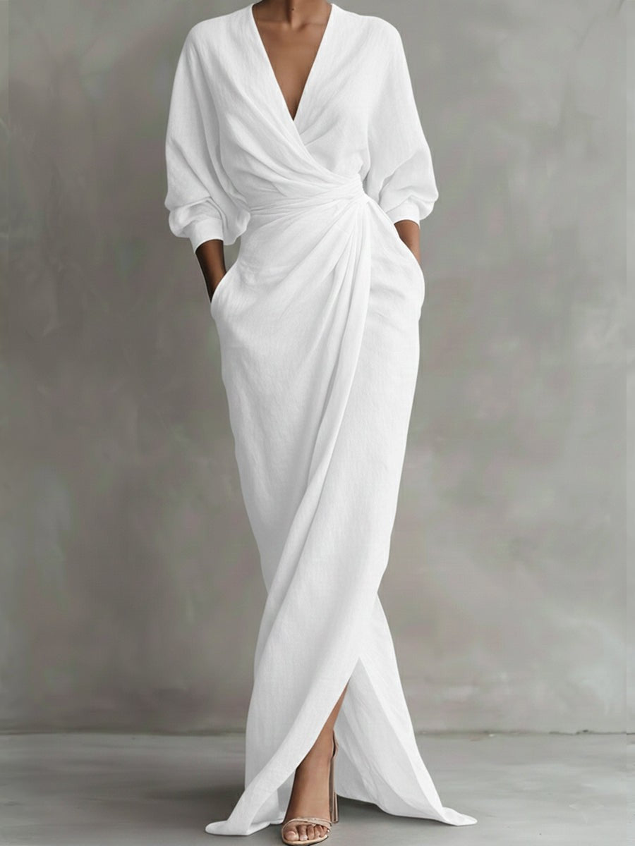Women's V-Neck Draped Wrap Wedding Guest Maxi Dress