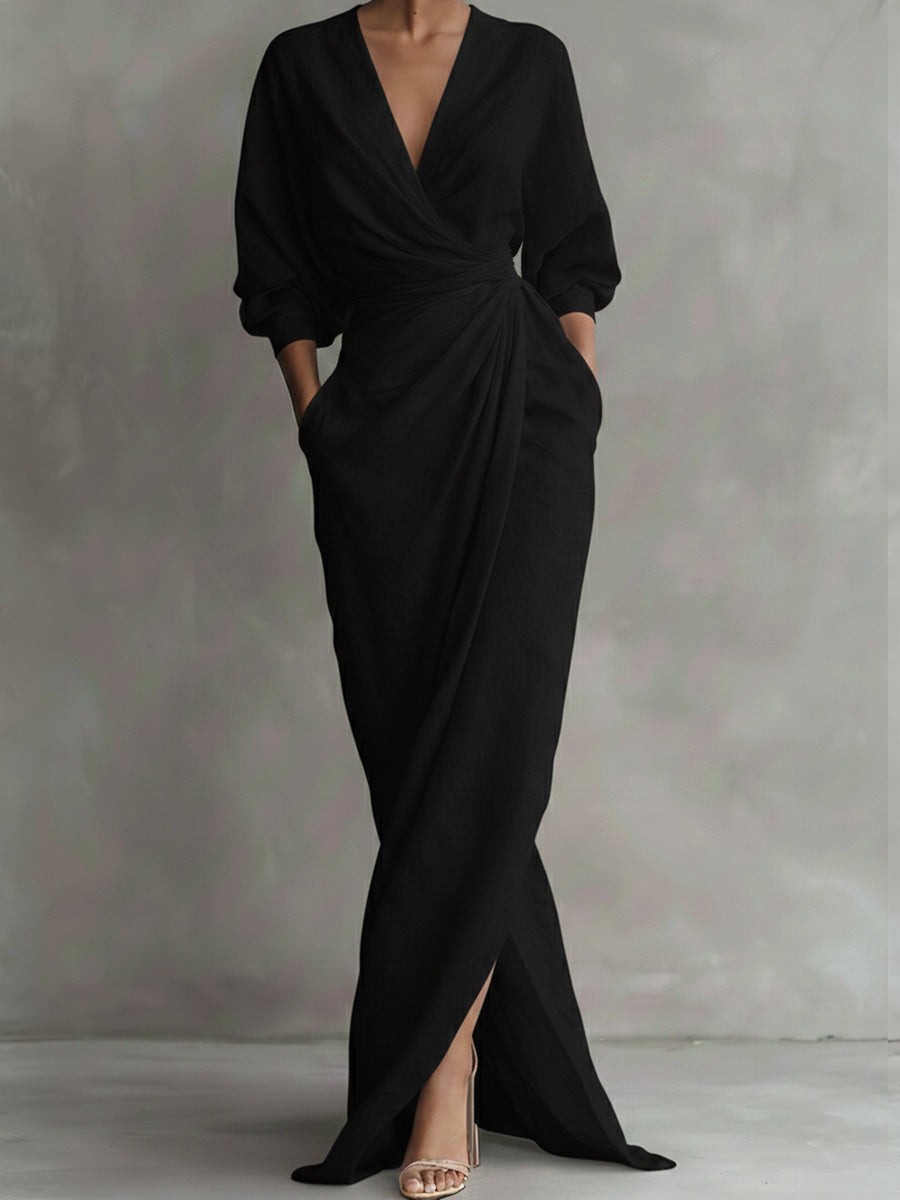 Women's V-Neck Draped Wrap Wedding Guest Maxi Dress