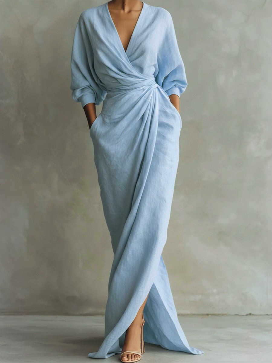Women's V-Neck Draped Wrap Wedding Guest Maxi Dress