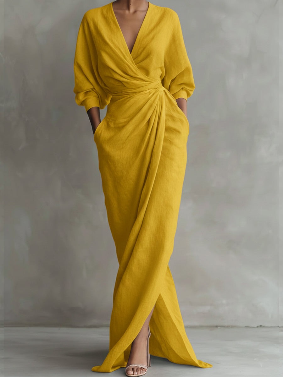 Women's V-Neck Draped Wrap Wedding Guest Maxi Dress
