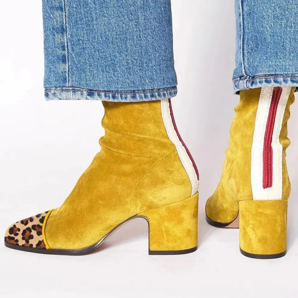 Women's Square Toe Block Heel Animal Print Ankle Boots