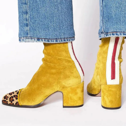 Women's Square Toe Block Heel Animal Print Ankle Boots