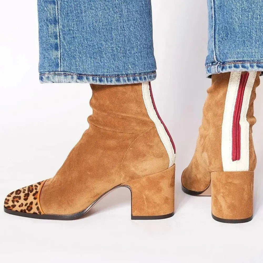 Women's Square Toe Block Heel Animal Print Ankle Boots